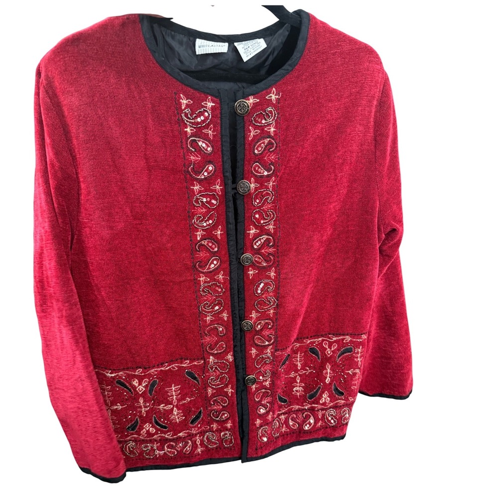 Vintage White Stag Red Paisley boho Embroidered Button Front Cardigan Sweater L
